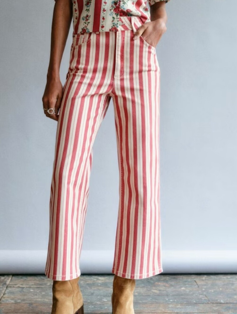 Sezane Le Crop Red Stripe Denim